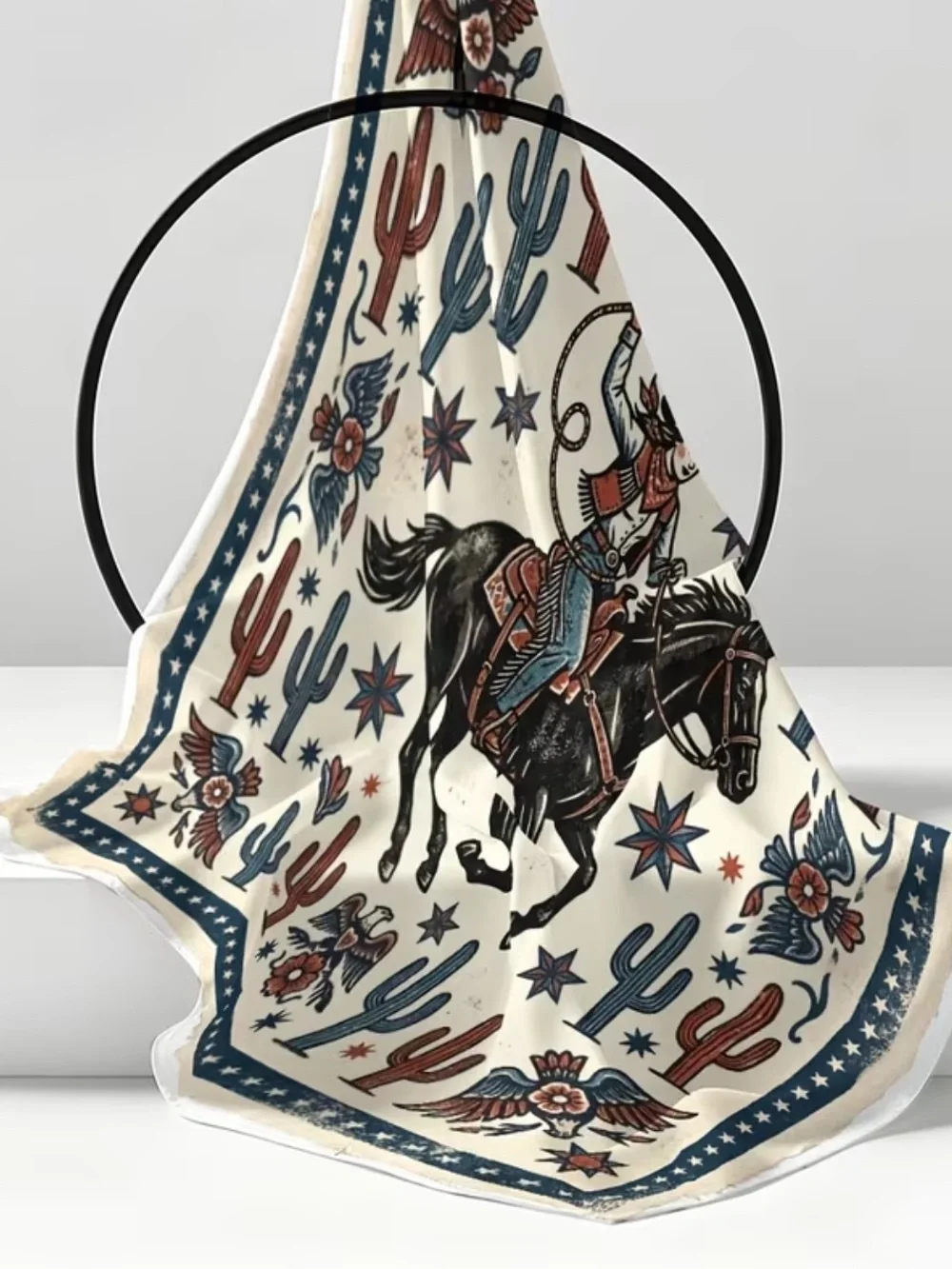 Cowgirl Horse with Lasso Bandana Scarf in Cream, Navy & Rust
